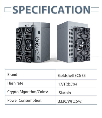 SE 17TH/S Sia Coin Miner de Letine Goldshell SC6 del minero de 3330W Goldshell Asic