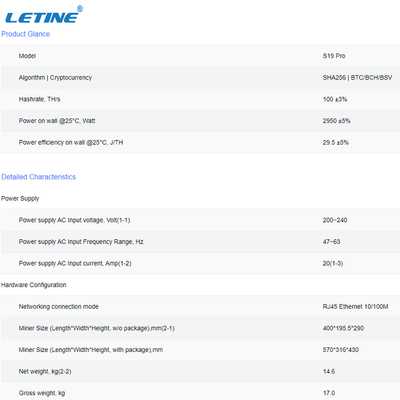 De Bitcoin favorable 100T Bitmain Antminer S19Pro 110T 104T 29.5J/T minero de la cadena de bloque de Asic del poder del minero S19