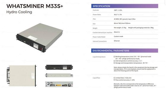 Minero de enfriamiento hidráulico de LETINE MicroBT Whatsminer M53 226T M33S+ 198T 34 J/T