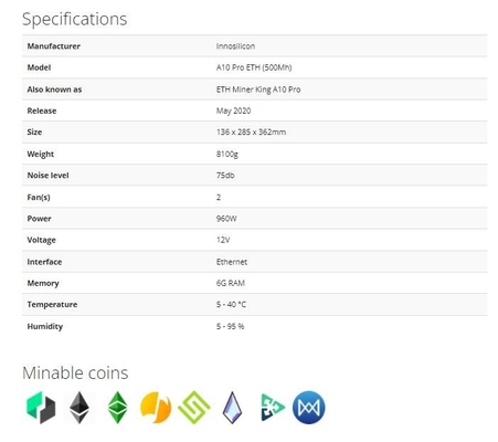 Favorable 500Mh ETH Innosilicon Asic minero Ethereum 960W EtHash Algo de A10