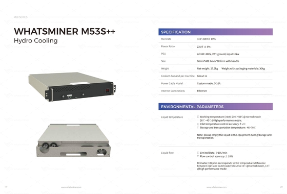 Refrigeración por agua de enfriamiento hidráulica de la rafadora de Whatminer M53S++ 310T 328T BTC