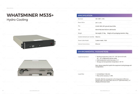 Refrigeración por agua de enfriamiento hidráulica de la rafadora de Whatminer M53S++ 310T 328T BTC