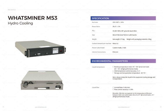 Minero de enfriamiento hidráulico de la refrigeración por agua Bitcoin ASIC de Whatsminer M53S++ 310T 22j/T