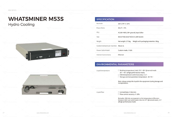 Minero de enfriamiento hidráulico de la refrigeración por agua Bitcoin ASIC de Whatsminer M53S++ 310T 22j/T