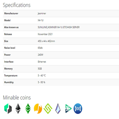 Minero X4-U 520Mh/S 5GB 2500Mh 240W 65db del etc ETH Jas