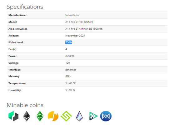 De 1.5GH Innosilicon Asic favorable 2350W ETH moneda del minero A11