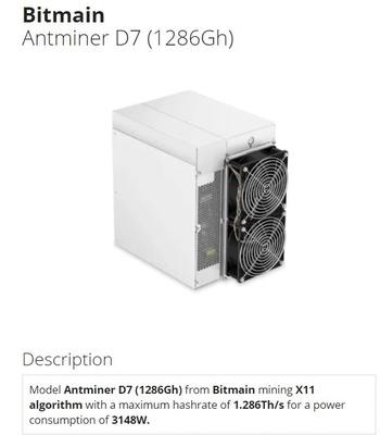 Rafadora del minero D7 1.286th/S 1183g 1234G de Bitmain Antminer D7 1286gh 3148W X11 Asic