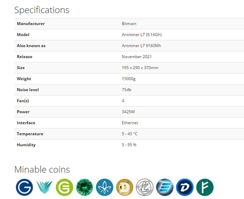 Minero Bitmain 9160Mh de Scrypt 9.16Gh L7 para minar Dogecoin y la moneda de LTC